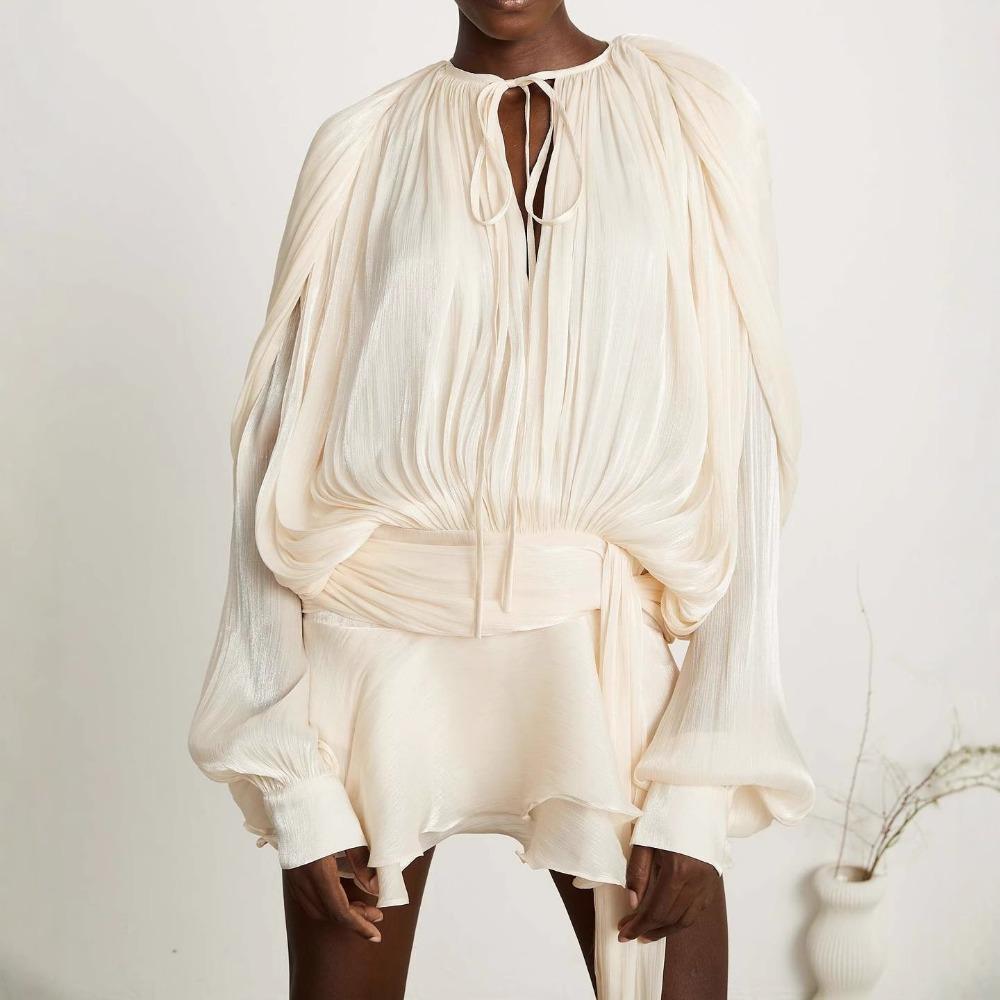 Women's Long Sleeve Shiny Chiffon Two Piece Mini Dress Tie Neck Ruched Waist Irregular Ruffle Skirt With Shorts Liner