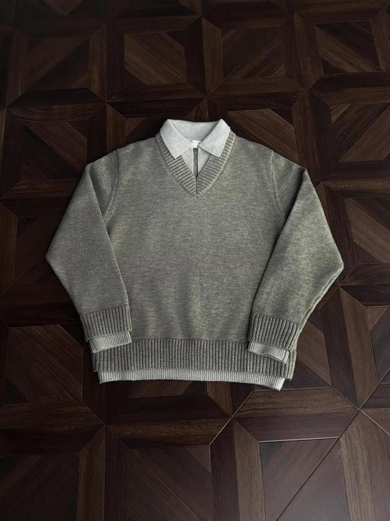 Herren V-Ausschnitt Retro-Stil Strickoberteil - Fake Zweiteiler, Winter Kragen, Lockerer Schnitt