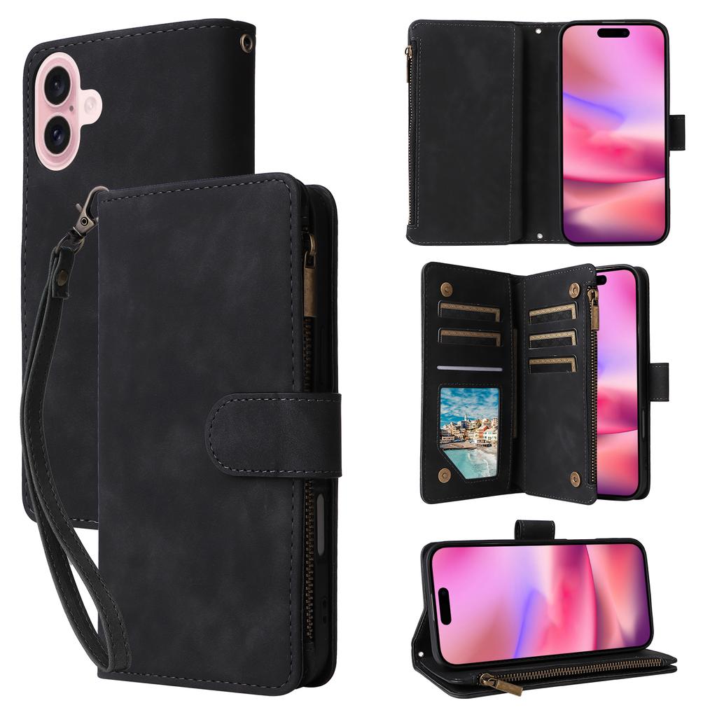 For iPhone 17 Case Zipper Wallet Multiple Card Slots Leather Phone Cover with Wrist Strap