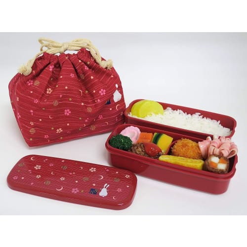 OSK Tsukihana Lunch Box, Two-Tier Bento Box with Drawstring Bag, Chopsticks, and Dividers, 640ml, Made in Japan, Dishwasher and Microwave Safe, Easy t