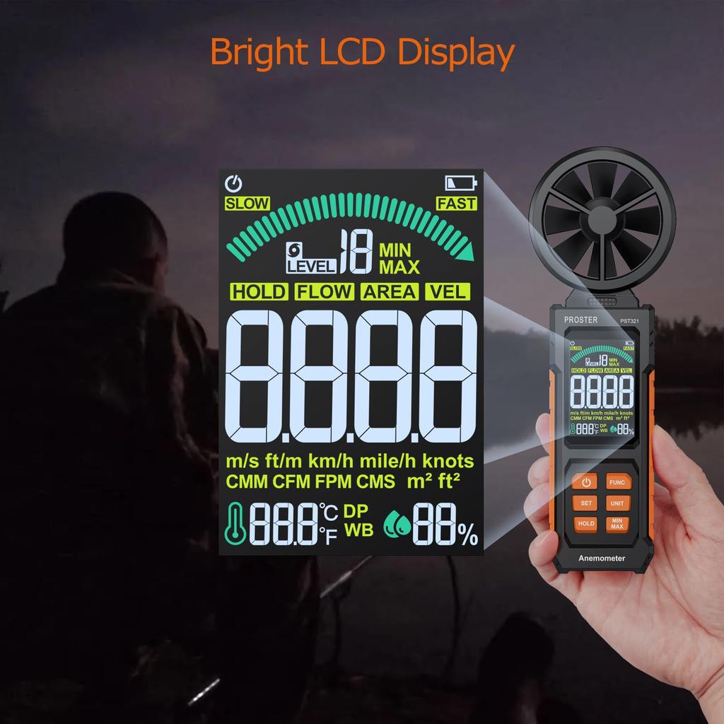 Proster Anemometer/Airflow Meter with 6 Measurement Units: Wind Speed/Airflow/Wind Force/Wind Temperature/Humidity/Dew Point Temperature/Wet Bulb Temp