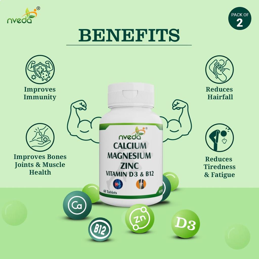 Nveda Calcium Supplement 1000 Mg with Vitamin D3 Magnesium Zinc K2 B12 for Bone Joint & Immunity Support Pack of 2X 60 Tablets