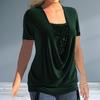 Čtvercový límec Krátký rukáv Skládací lem Jednobarevné Dámské Tričko Letní Flitry Prošívání Falešné dvoudílné topy