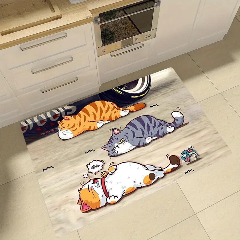 VIKAMA Cartoon Greedy Kittens Rug Non-slip Absorbent Kitchen Rug Bathroom Mat Doormat Rug For Bedroom Live Room Home Decor