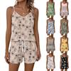 Set casual de vară pentru femei din două piese, cu imprimeu floral, top tip maiou fără mâneci cu gât pătrat și pantaloni scurți cu talie cu șnur și buzunare