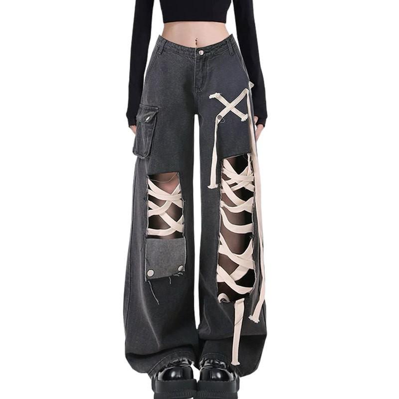 Black High-Waisted Straight Leg Distressed Denim Pants Women Punk Streetwear Wide Cropped Trousers