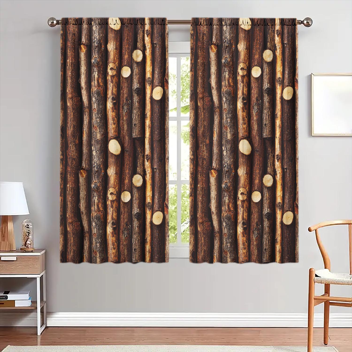 

2pcs Simulated Wood Decorative Curtains UV Insulation and Privacy Protection Forest Themed Curtains 100*130 Grommet Top 1pcs