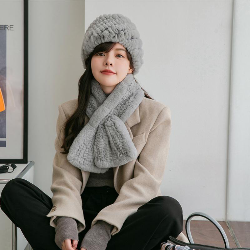 Rex Rabbit Hair Scarf Hat Two-piece Set Winter Women Middle-aged and Elderly Rex Rabbit Hair Braided Elastic Warm Thickened Hat