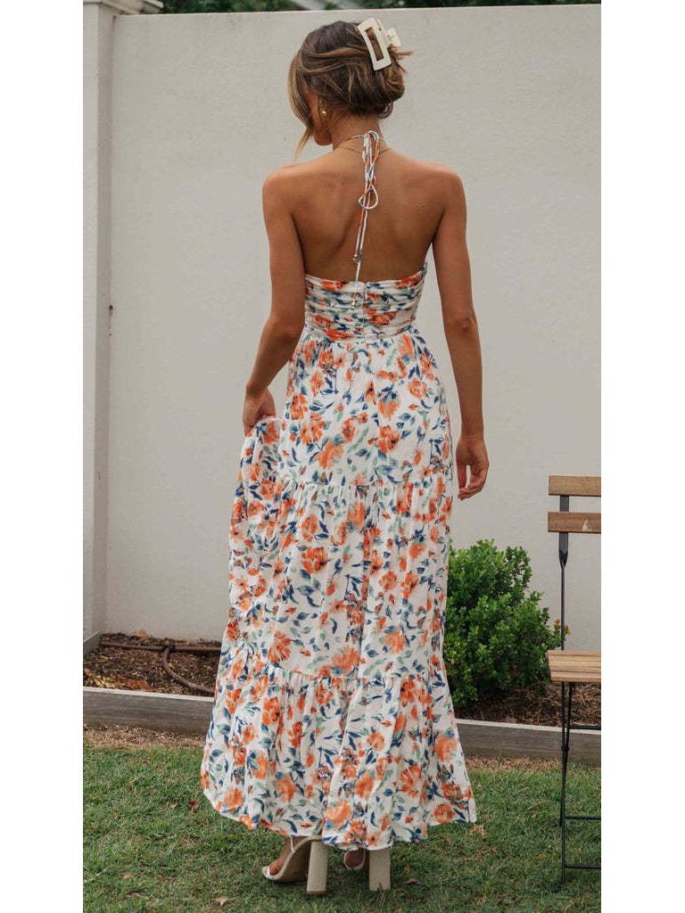 2024 Women's V-neck Print Sleeveless Tie-up Maxi Dress