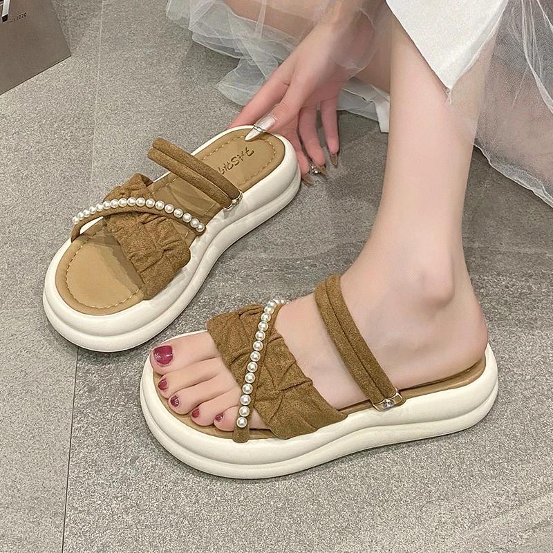 Fashion French Style Cross Pearl Platform Slides for Women New Pleated Thick Soled Sandals Woman Summer 2025 Non Slip Slippers Mujer