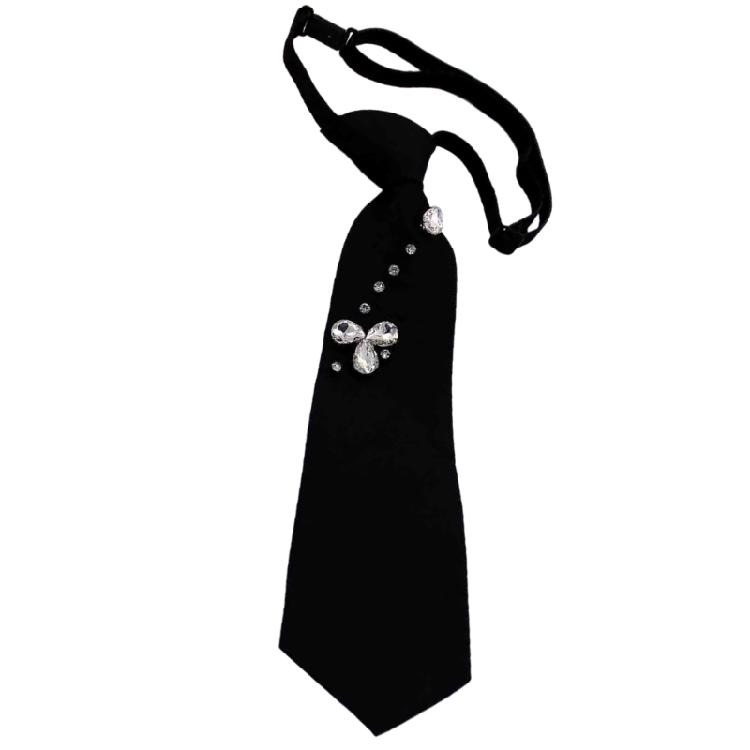 Rhinestones Embellished Necktie for Women Men Student Elegant Pre Tied Adjustable Black Ties for Uniform School Shirt