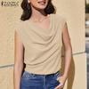 ZANZEA Womens Casual Swing Collar Solid Color Short Sleeve Blouse