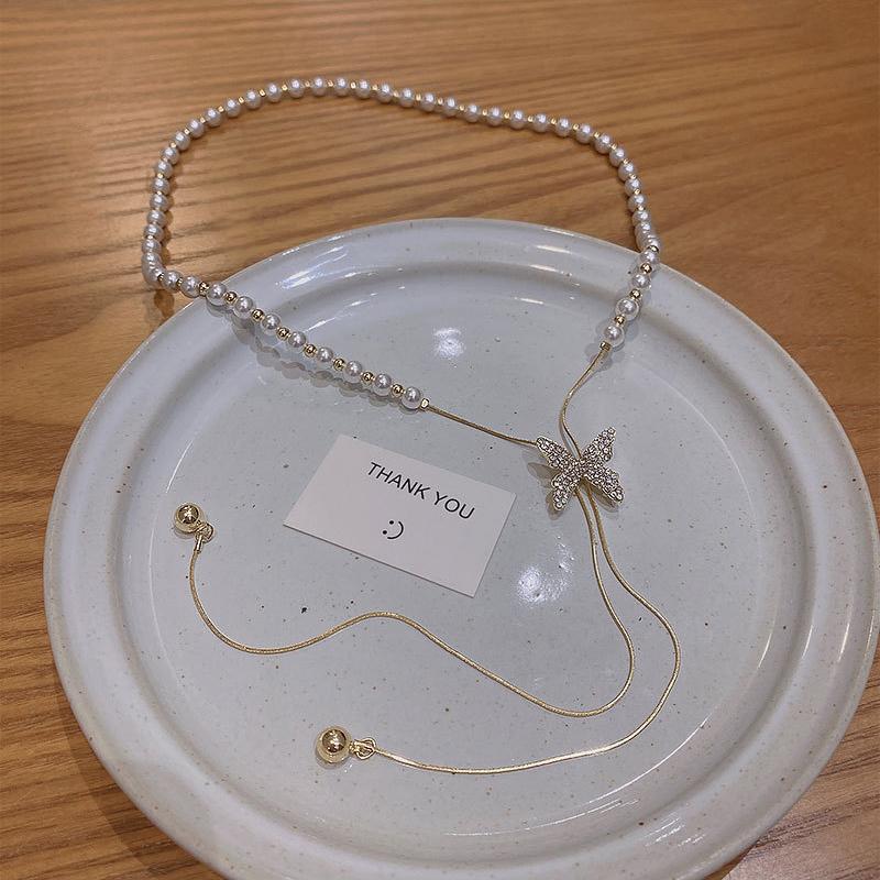 Unique Design Adjustable Tassel Imitation Pearl Chain Necklace for Women Shiny Rhinestone Butterfly Long Neck Choker Jewelry