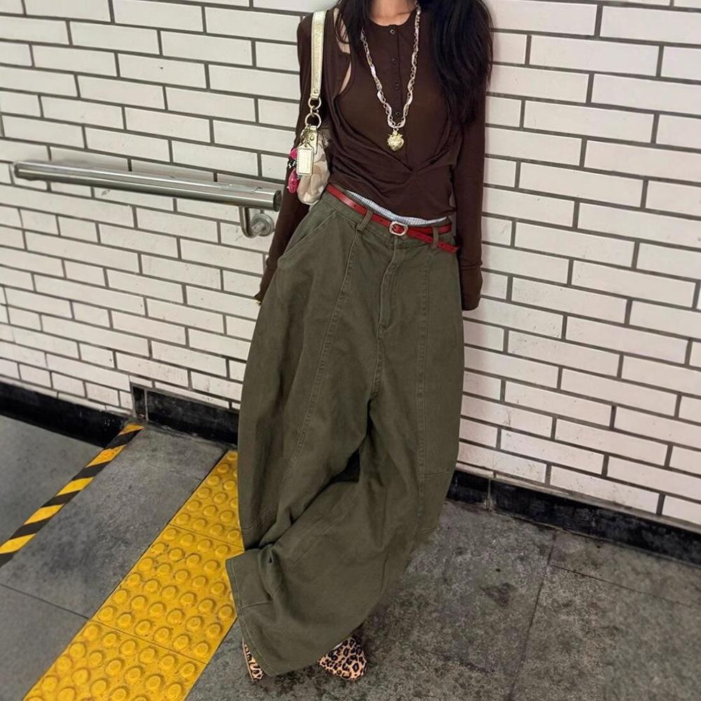 Large Size Retro Military Green Curved Knife Work Pants For Women In Street High-End Relaxed Casual Floor Pants