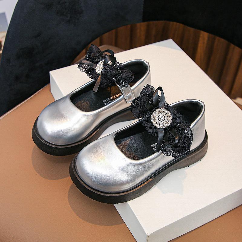 Kids Silver Bow Rhinestone Mary Jane Shoes 26