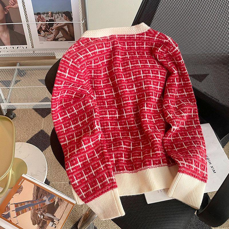 Zimní první láska Červený svetr Cardigan Ženy Design Sense Small High Sense Small Voňavý Nový rok Pletený svetr Cardigan