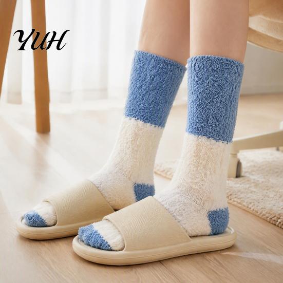Warm Crew Socks for Winter Thickened Long Plush Women, Coral Fleece Socks, Warmth Autumn Thermal Sleep Anti-static Contrast Color Indoor Cozy Hosiery