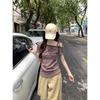 Kumikumi Sweet and Spicy Style Sloping Shoulder Strap Short sleeve T-shirt Women Summer Retro Stripe Slimming All-Match off-Shoulder Top