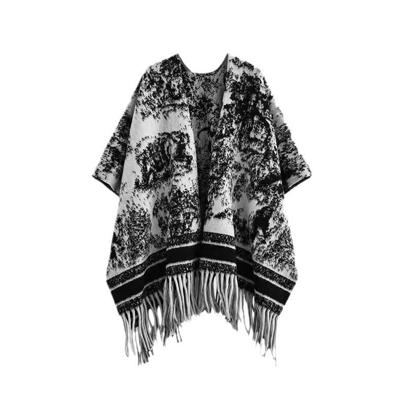 2025 Autumn New Chinese Fringed Ink Painting Shawl Women's Versatile Fashion Thickened Warm Cloak Scarf