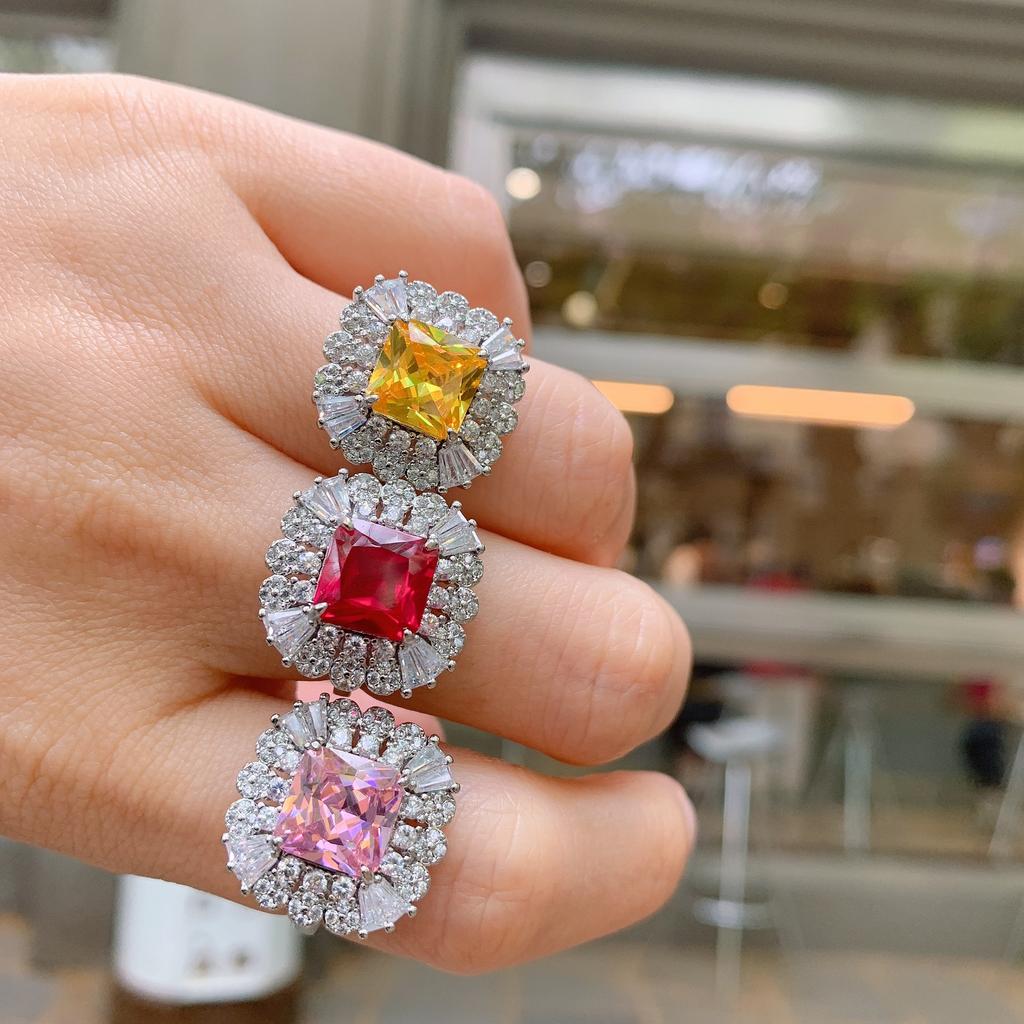 Paraiba Electroplating Simulation Pink Zircon Ring Female Square Golden Zircon Socialite Open Ring