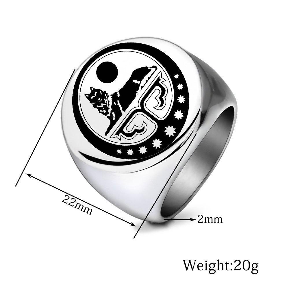 Polished Stainless Steel 22MM Laser Wolf Sunbathing Retro Men's Ring