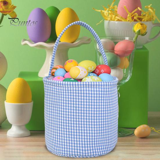 Gingham Easter Bucket for Kids Nursery Storage Bag New Baby Gift Basket with Handle for Easter Egg Hunts Parties