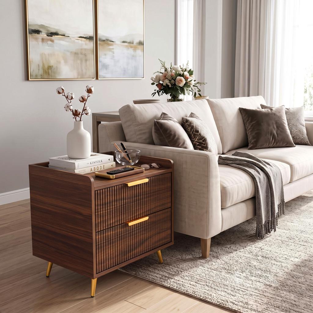 Bedside Table Cabinet with 2 Drawers Metal Legs Walnut Brown