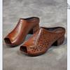 Johnature Retro Peep Toed Versatile Slippers Genuine Leather Hollow-out Breathable Kitten Heels Women's Sandals