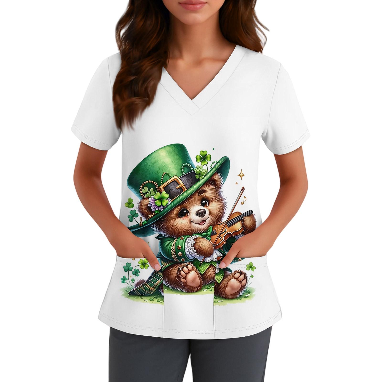 

Women s Cute Bow Printed Work Clothes V-neck Double Layer Pockets Basic Short Sleeve Top Pullover M