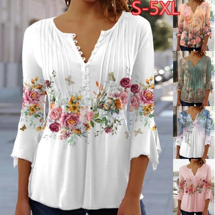 Floral Print Women Long Sleeve Casual V Neck Tee Shirt Button Plus Size Tops Loose Spring Blouses