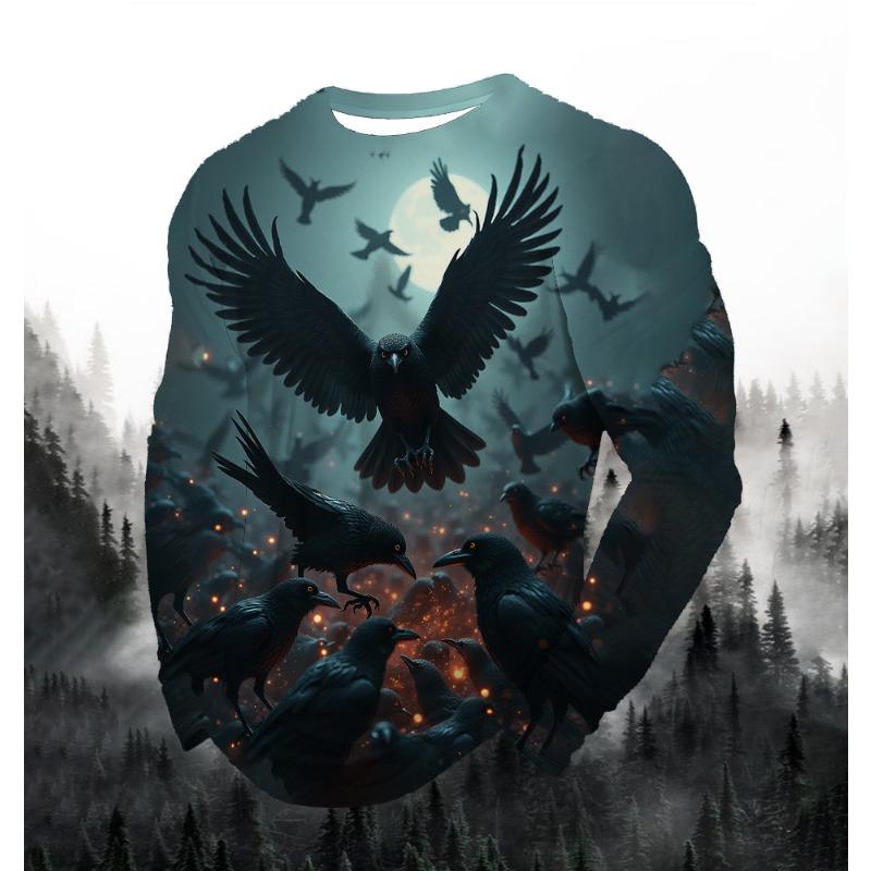 Herremote Trykket Rund Hals Langermet Fest Høst Sport Fritid Pullover Menn 3D Flygende Ørn Trykket Løs Sportstopp