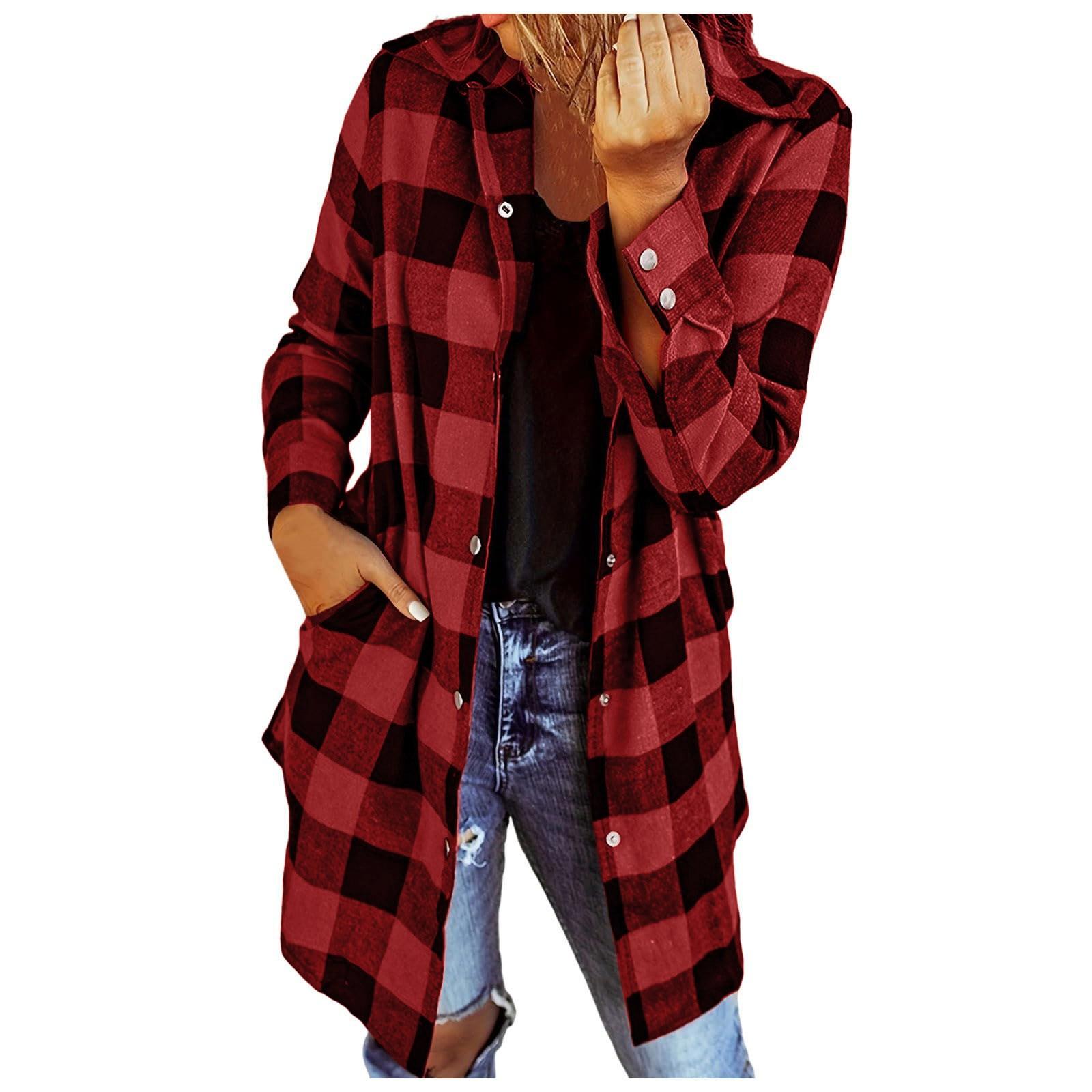 

Модные женские повседневные карманы с решетчатым принтом и длинными рукавами, куртка, пальто M винный