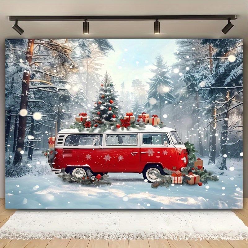 Red Retro Bus Christmas Background Winter Forest Scene and Gifts Universal Holiday Party Decoration