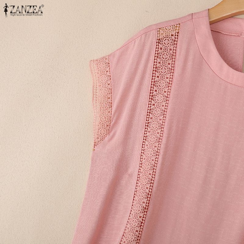 ZANZEA Women Summer Casual Round Neck Sleeveless Lace Crochet Patchwork Tank Tops