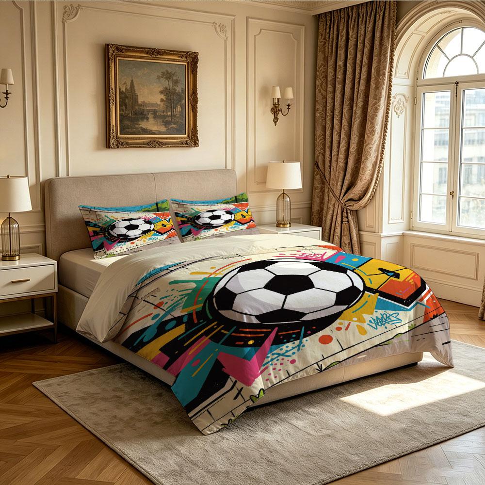 3Pcs Graffiti Style Football Print Coreless Down Duvet Cover Cool Summer Lightweight Bedding Set Multi Size Bedding Decoration