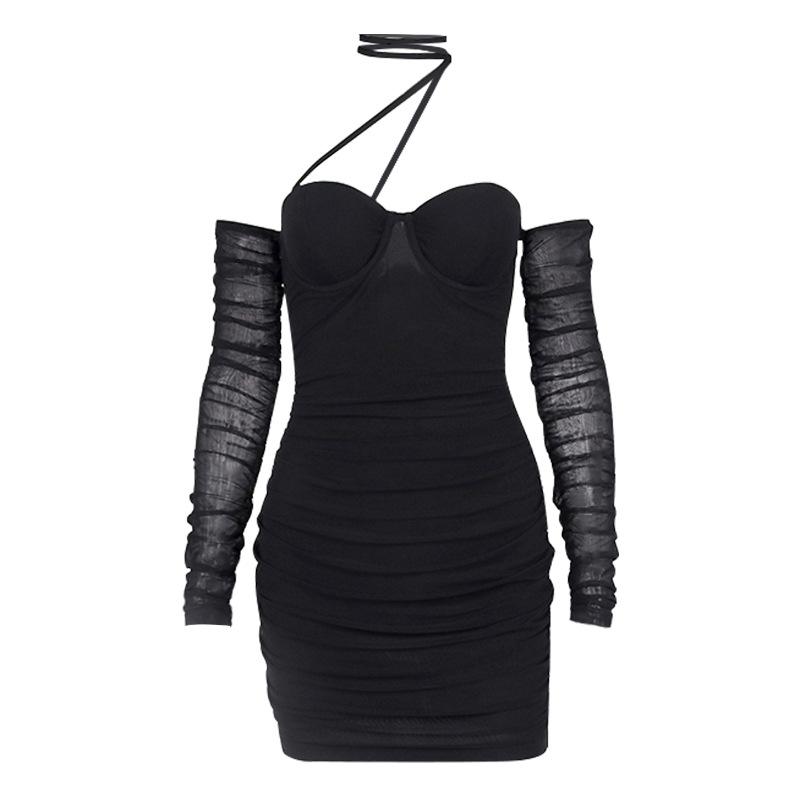 Europe, America, autumn and winter popular women's clothing, sexy mesh yarn, one-word collar pleated perspective tube top, short dress, dress
