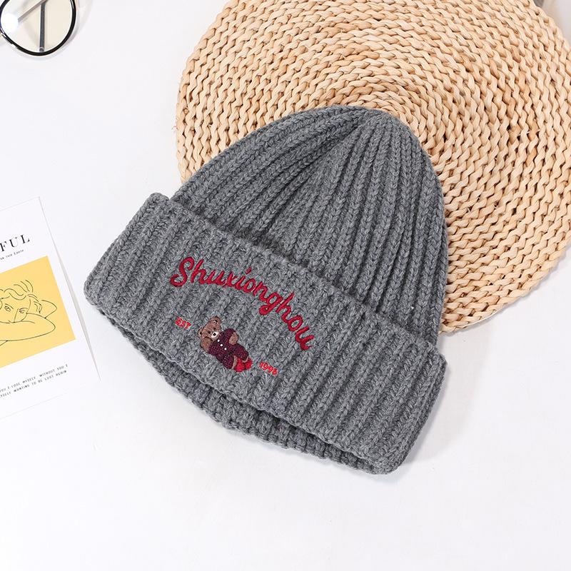 

Cute Bear Embroidered Wool Hat for Women In Autumn and Winter Korean Version Warm and Cold Face Showing Small Cold Hat Head Knitted Hat M（56-58cm）