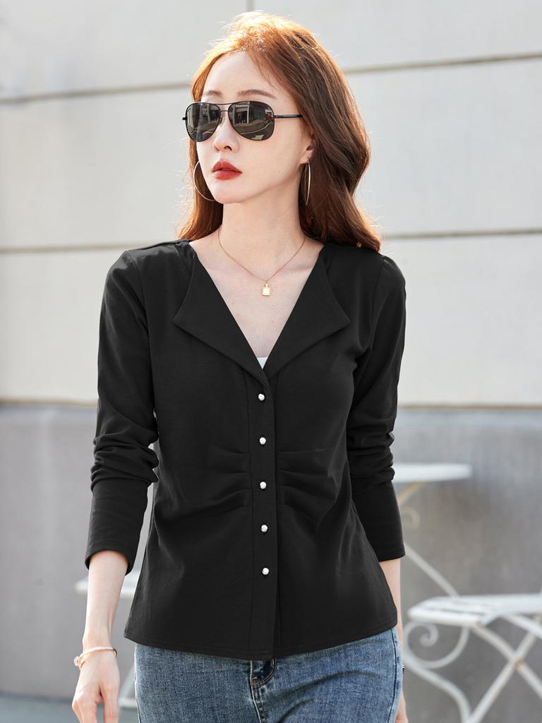 Cotton T Shirt Office Woman Spring Casual Long Sleeve Lapel T-shirt Autumn Loose Korean Style Plus Size Female Shirts