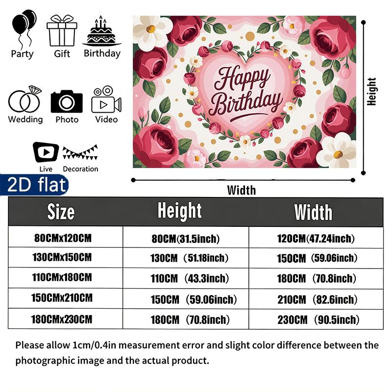 Birthday Party Roses Floral Gifts Banner, Pink Polyester Backdrop for Wall Hanging Decor