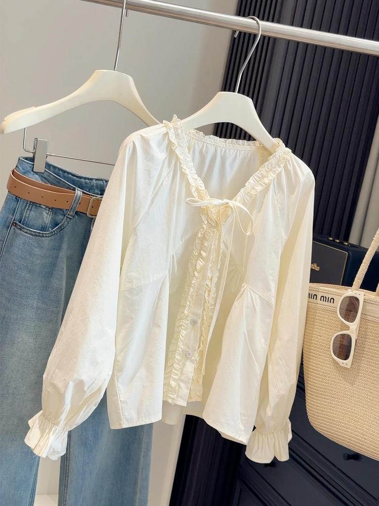 Korean Style Ruffle Patchwork Long-Sleeve V-Neck Lantern Top for Women - Spring Design