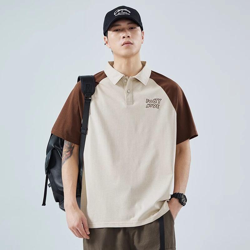 

Men Gray Black Contrast Insert Shoulder Sleeve Polo Shirt Letter Embroidery Loose Casual Short Sleeve Top L коричневий