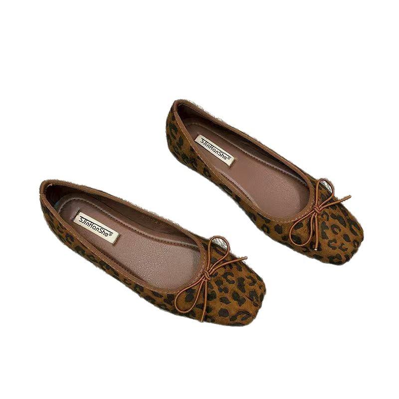 Korean version of square head leopard print single shoes women's autumn 2025 explosion French bow with skirt ballet evening shoes