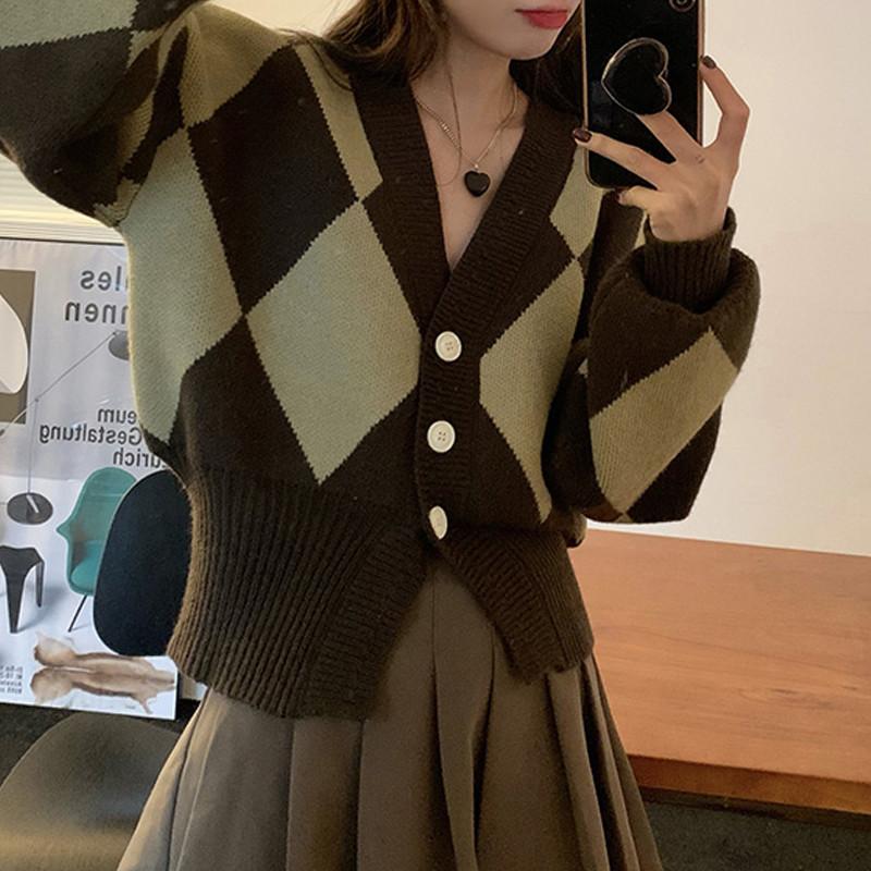 Retro Diamentowa Kurtka Swetrowa Damska Jesień Nowy Krótki Fason Dekolt w Serek Dzianinowy Kardigan Top Damski
