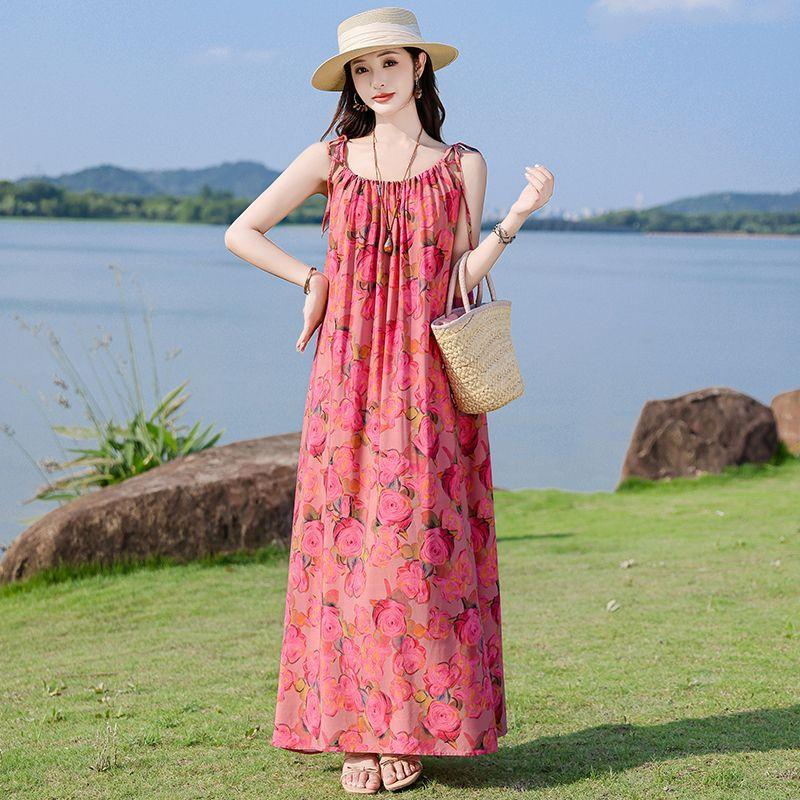 Fashion Floral Sleeveless Cotton Maxi Dress Summer Boho Style Casual Wear for Women
