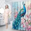 1pc Iridescent Peacock & Cherry Blossom Shower Curtain - Watercolor Style, Vibrant Blue Peacock with Pink Pastel Flowers