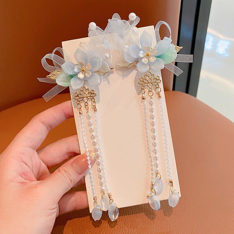 Hanfu Headwear for Girls and Children Ancient Flowers Sweet Tassel Hairpin for Little Girls Hair Card Headwear for Girls