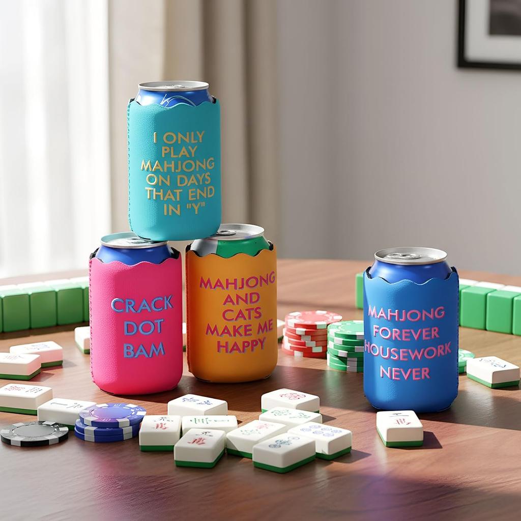 Chengu 12 Pcs Mahjong Party Can Coolers Sleeves with Funny Sayings Colorful Wavy Edges Can Coolers for Soda & Beer Game Night Mahjong Accessories