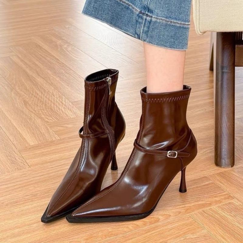 Hong Kong Beige Pointed High-heeled Short Boots Women's Spring New Temperament Retro Thin Heel Soft Leather Thin Boots