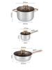 12-teiliges Kochgeschirr-Set mit Doppelboden: Enthält Kochtopf, Topf mit einem Griff für Babynahrung, Milchkännchen und beschichteten Topf.