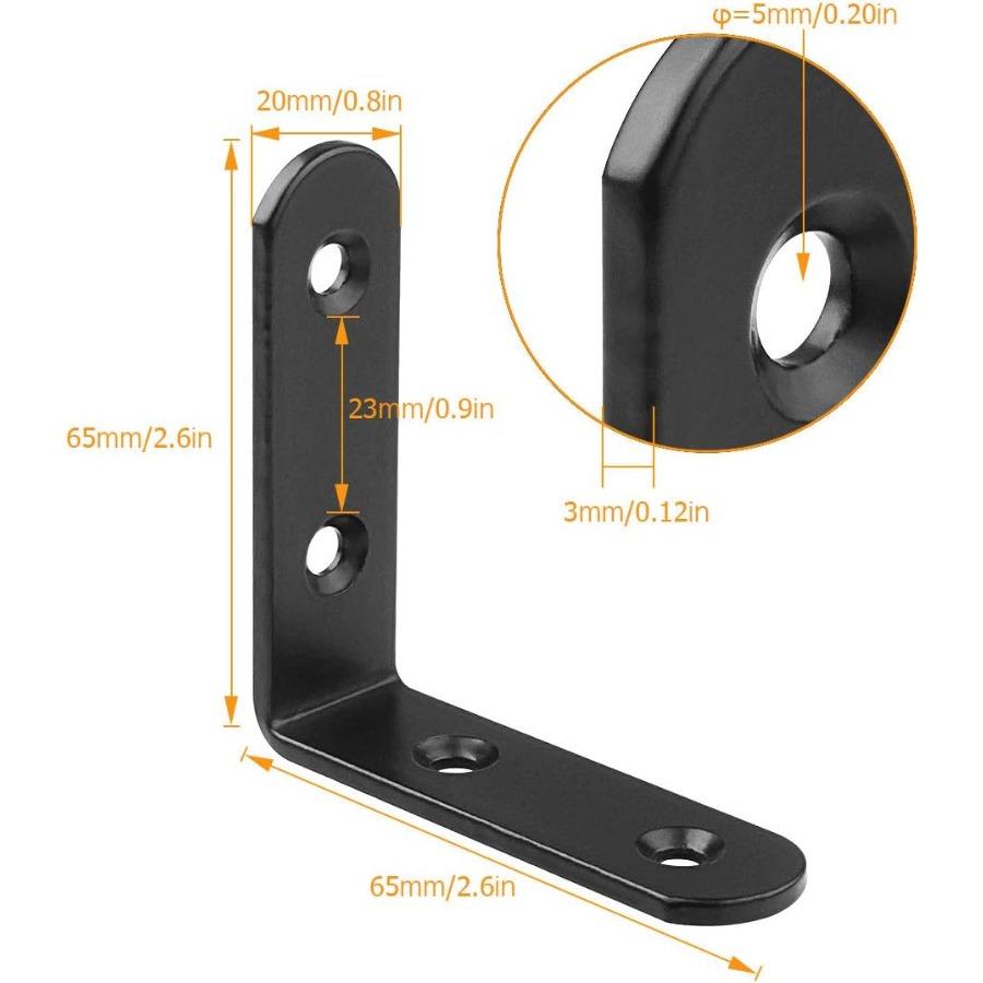 10Pack 65x65x20mm Black L Bracket, Stainless Steel 90° Heavy Duty Corner Brace Joint Fastener with Screws, Round End 4 Holes